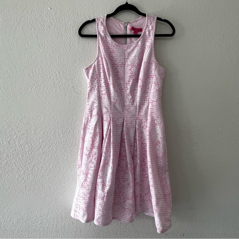 NWOT Betsey Johnson Pink White A Line Striped Dress Lace Overlay Women’s Size 8